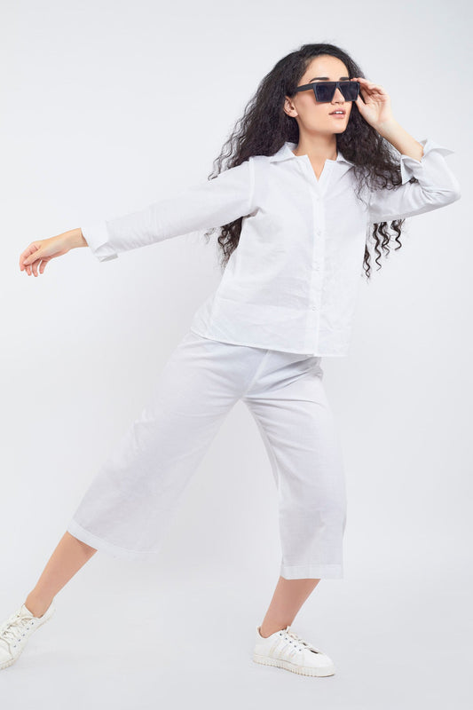 White Cotton Linen Collar Shirt