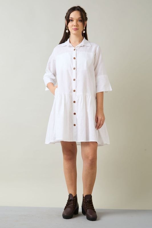 Buy Cotton Linen White Shirt Dress by SNEHA B