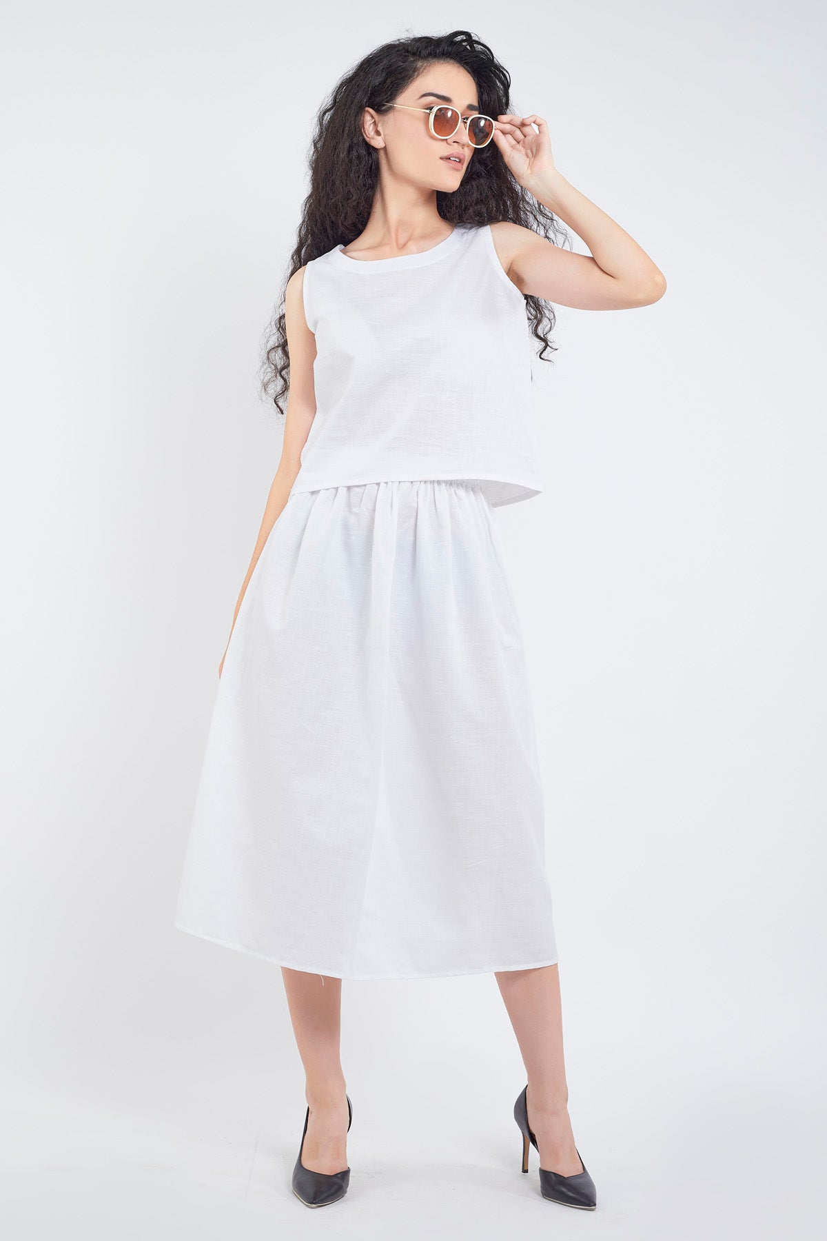 White Cotton Linen Skirt Set