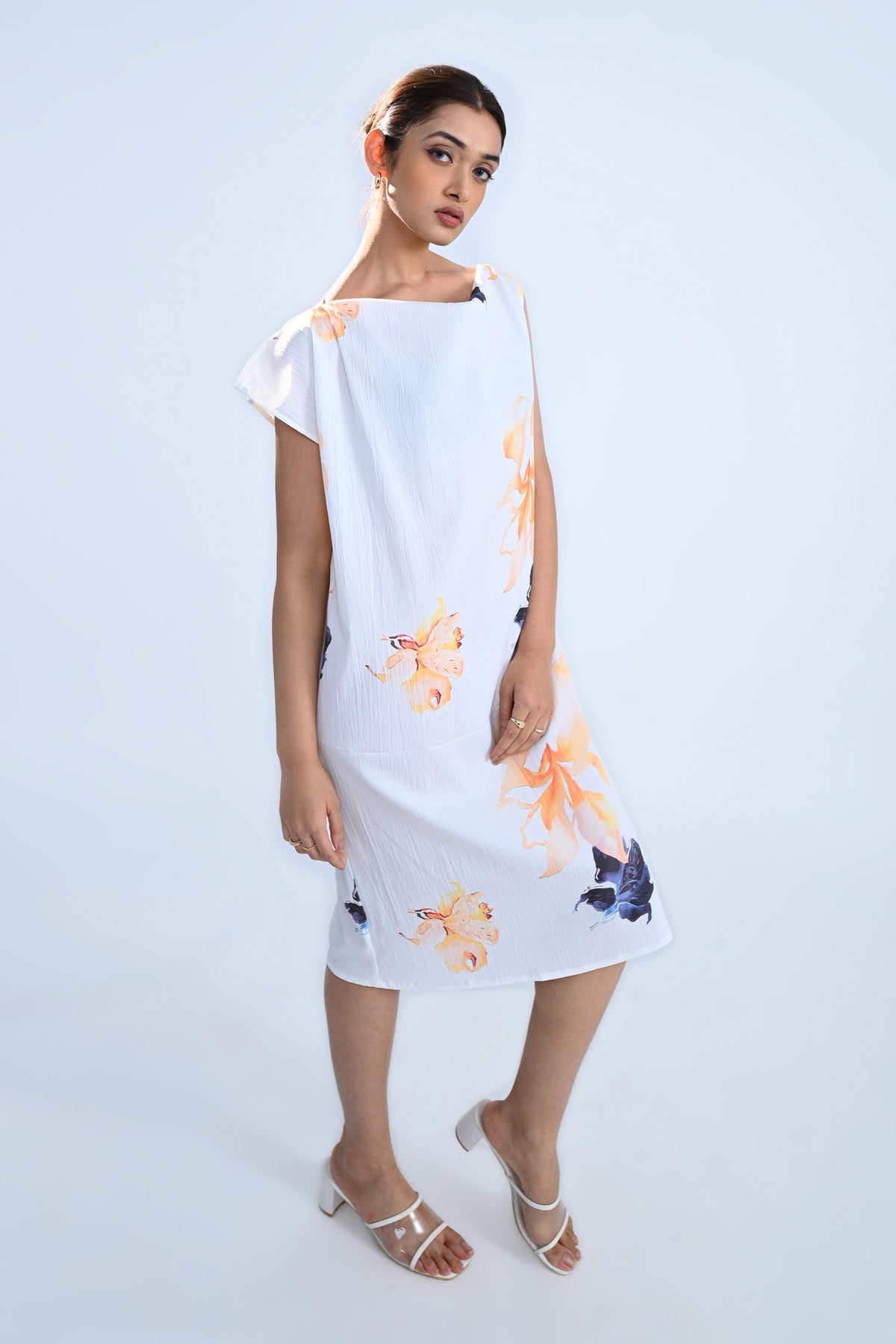 White Floral Cowl Dress