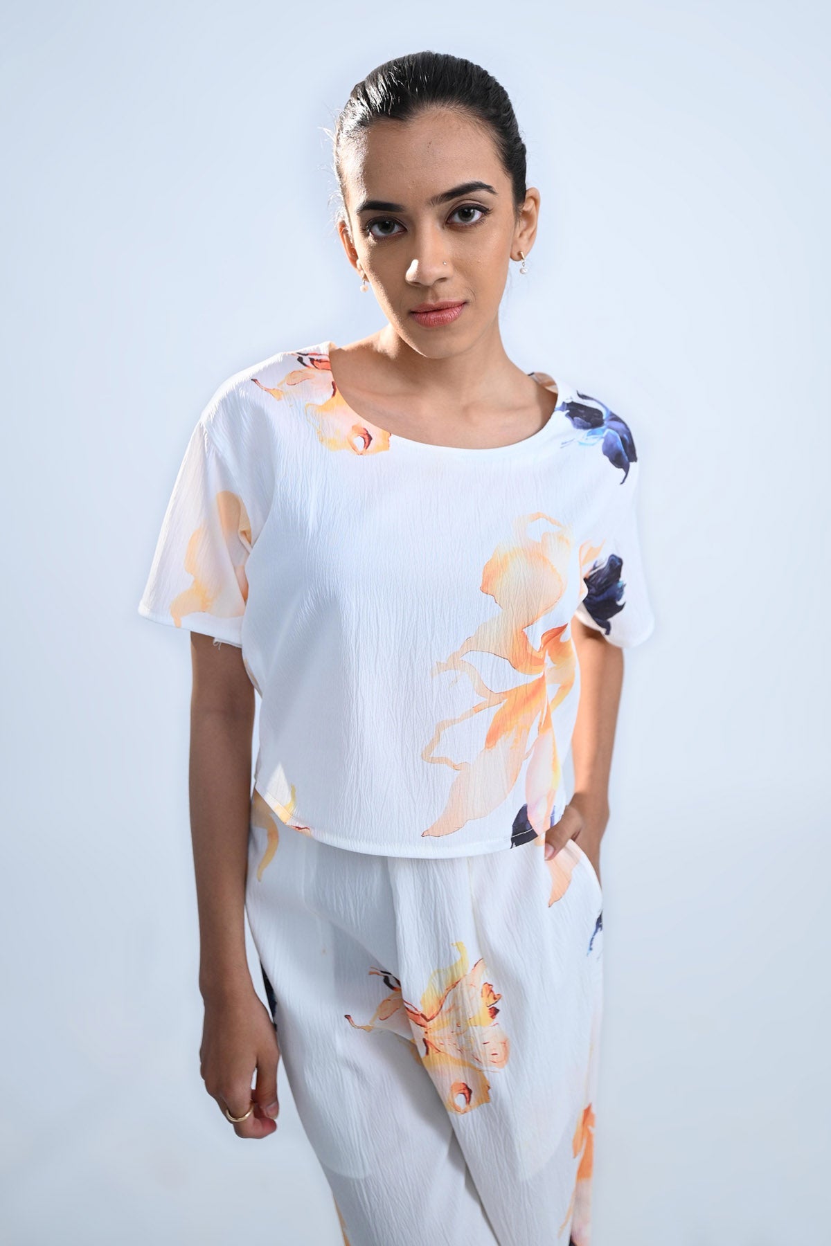 White Floral Print Crop Top