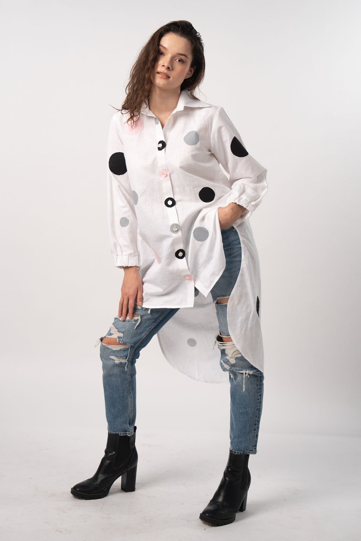 Buy White Polka Dot Patchwork Shirt by SNEHA B