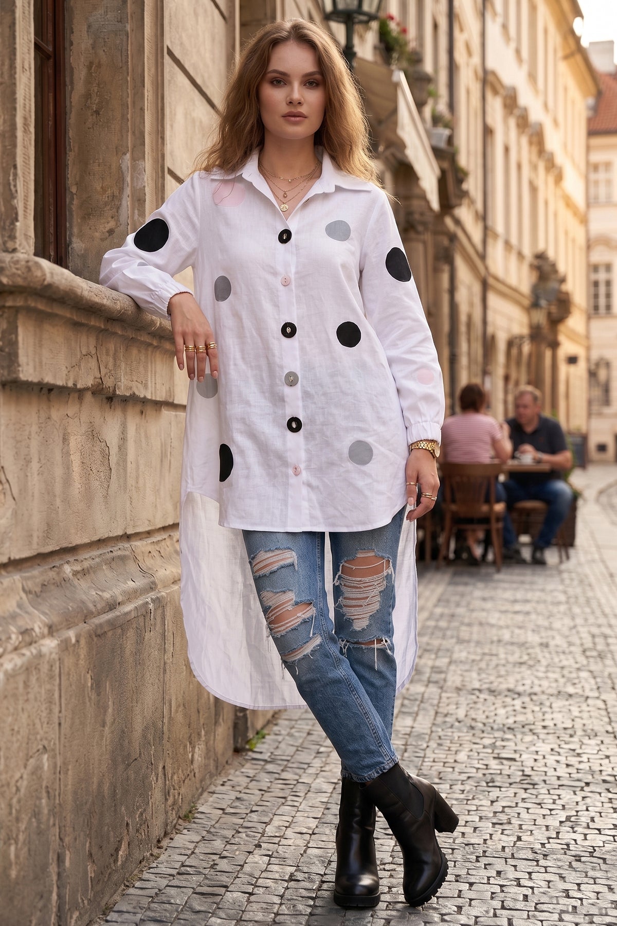 White Polka Dot Patchwork Shirt