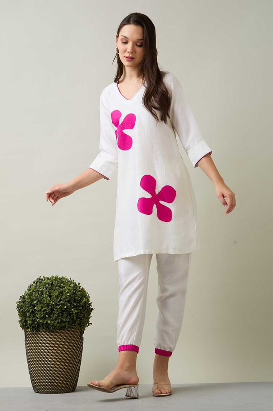 White Silk Patchwork Kurta Set