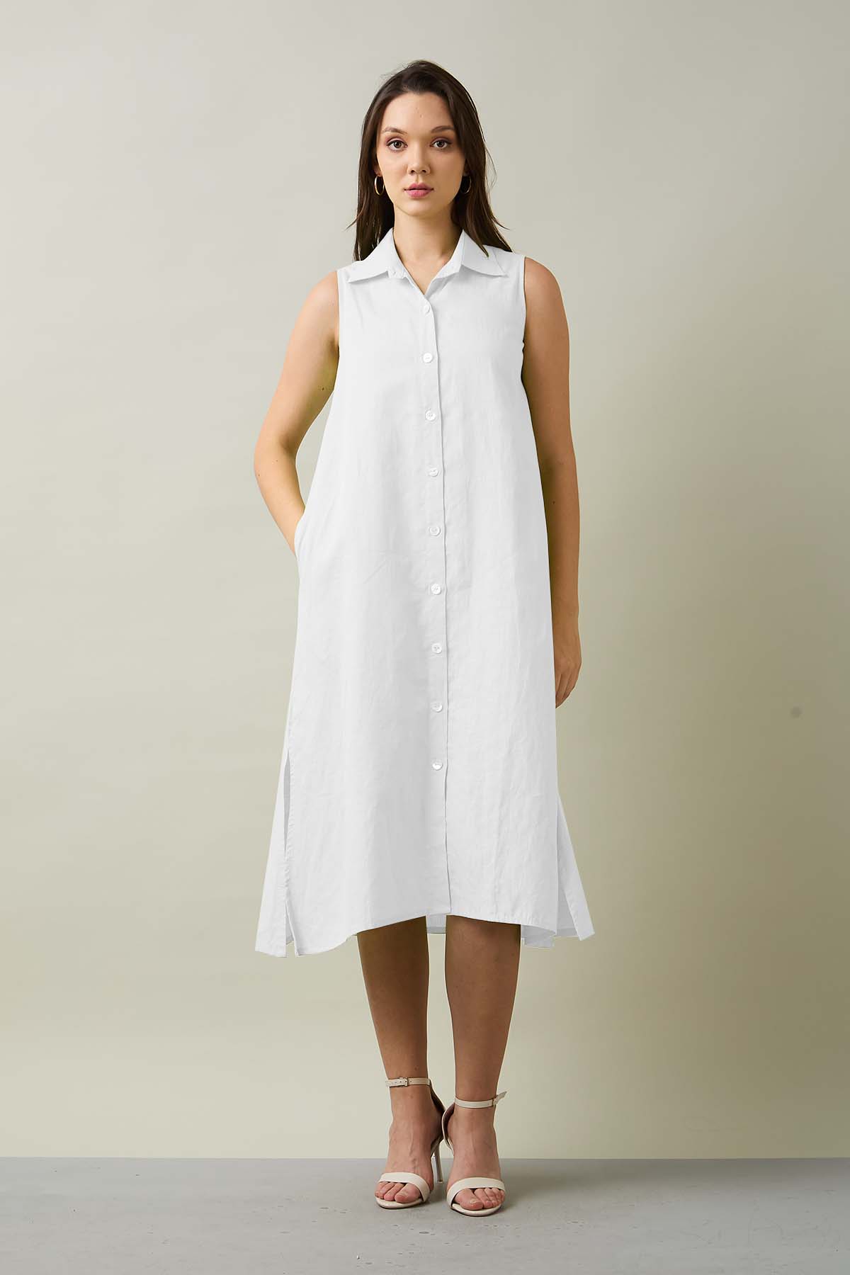 White Sleeveless Shirt Dress
