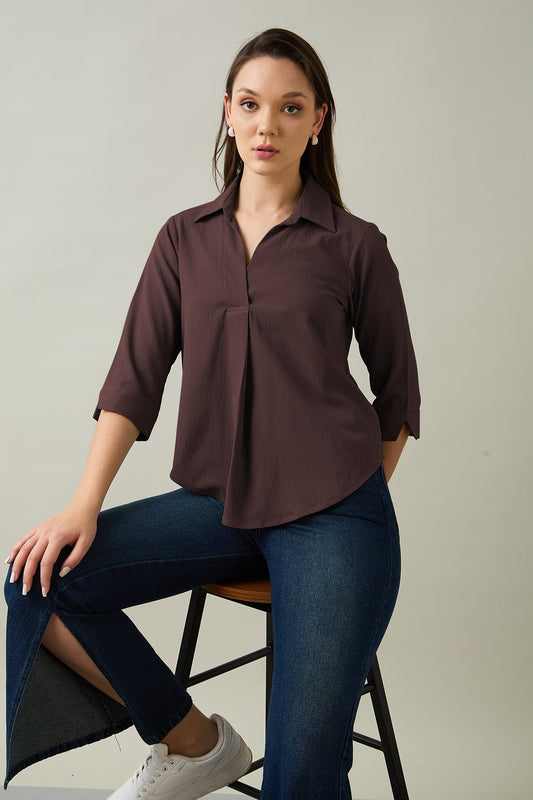 Buy Wine Box Pleated Collared Top by SNEHA B
