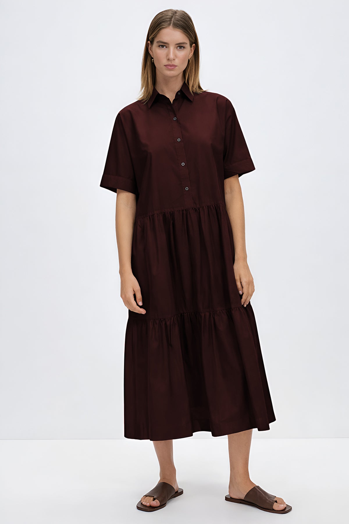 Shop Wine Button Tiered Midi Dress for women by SNEHA B