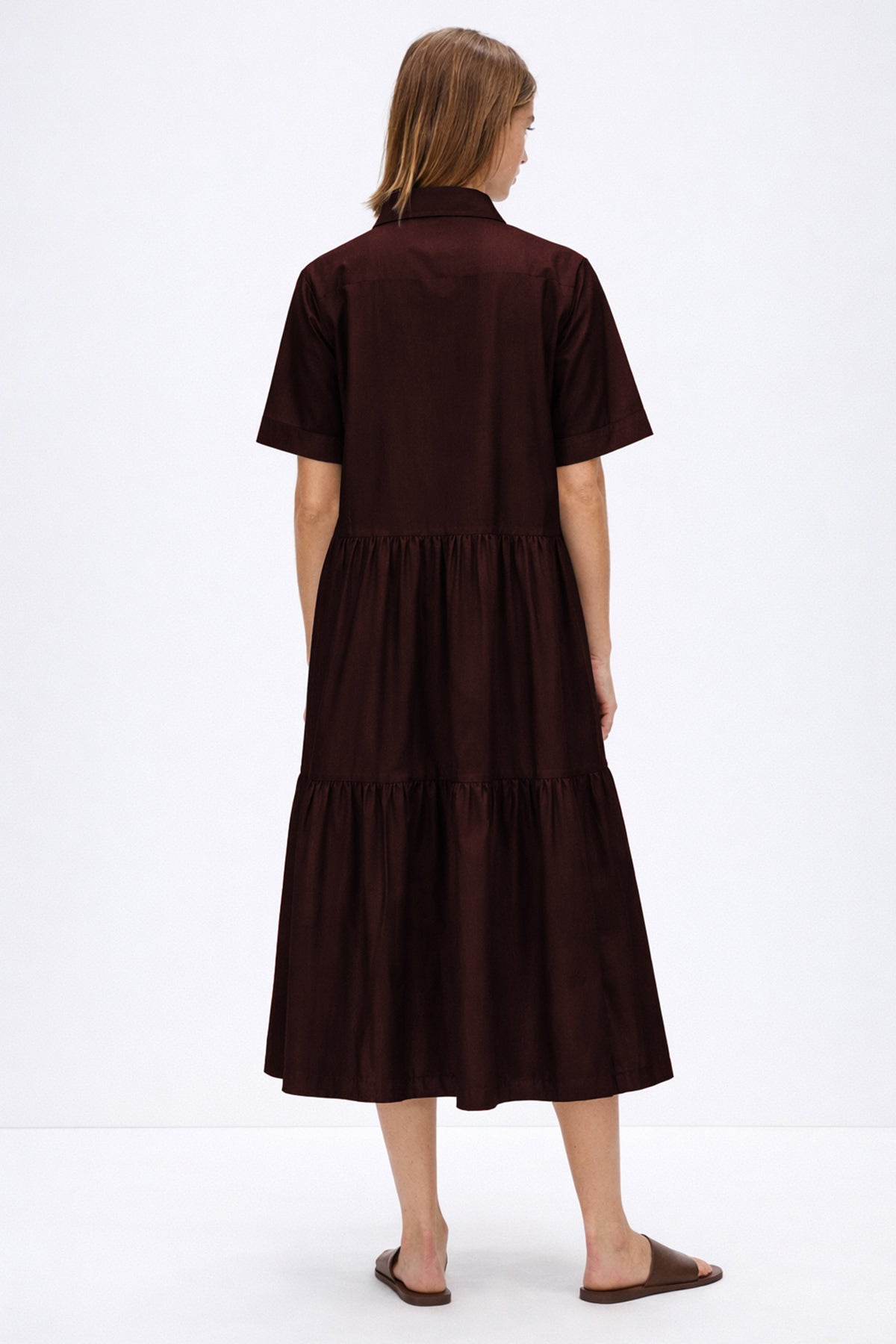 Wine Button Tiered Midi Dress