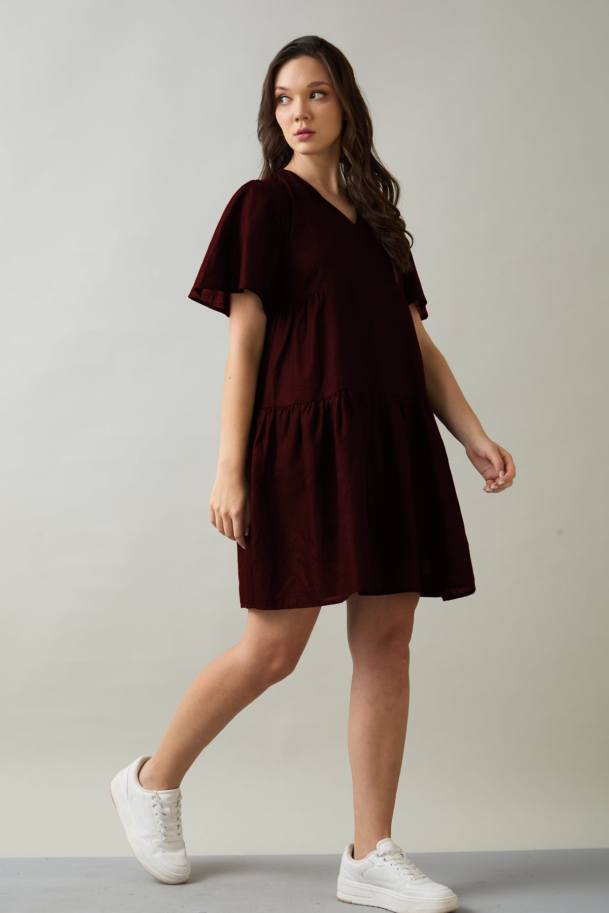 Wine Cotton Linen Flare Dress