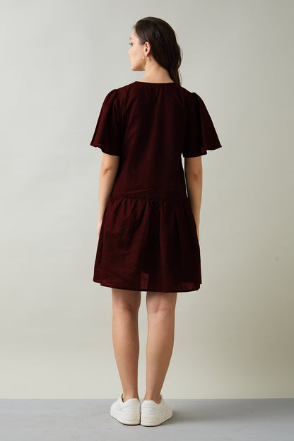 Wine Cotton Linen Flare Dress