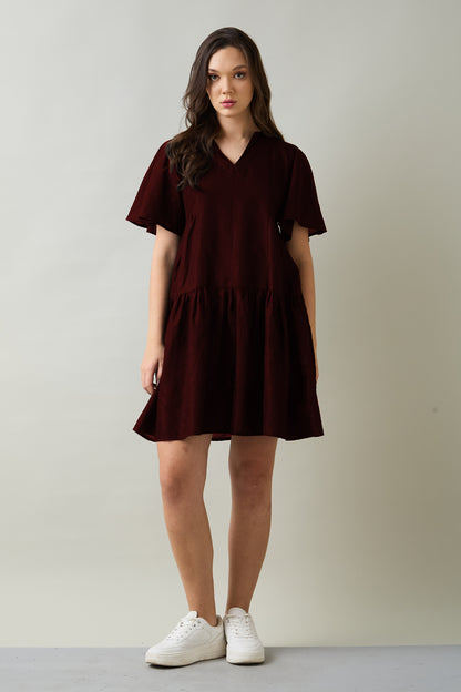 Wine Cotton Linen Flare Dress