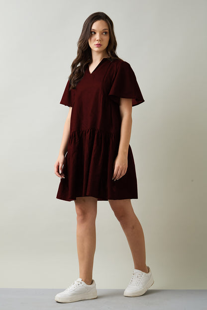 Wine Cotton Linen Flare Dress