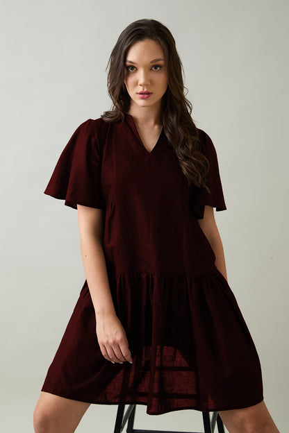 Buy Wine Cotton Linen Flare Dress by SNEHA B