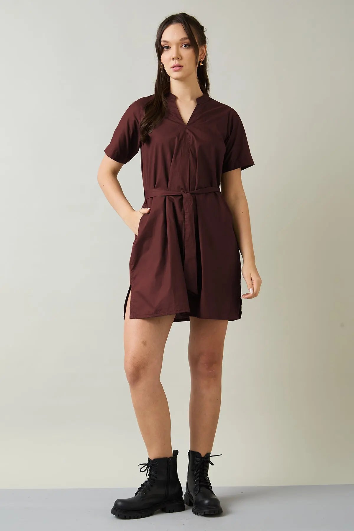 Wine Cotton Mini Dress & Belt SNEHA B