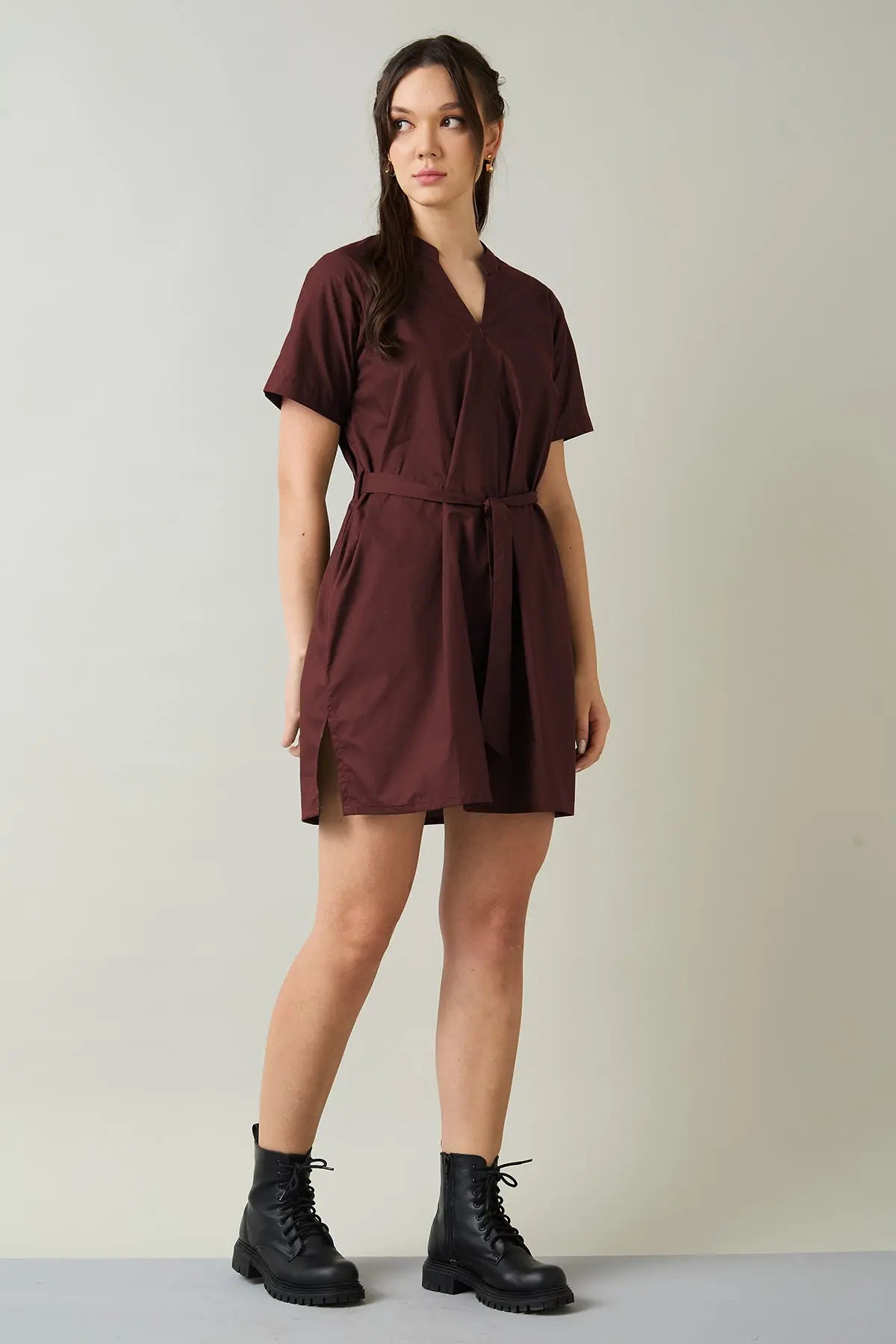 Wine Cotton Mini Dress & Belt SNEHA B