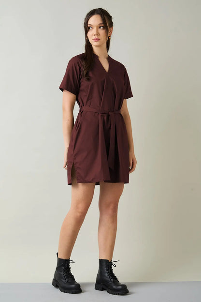 Wine Cotton Mini Dress & Belt SNEHA B