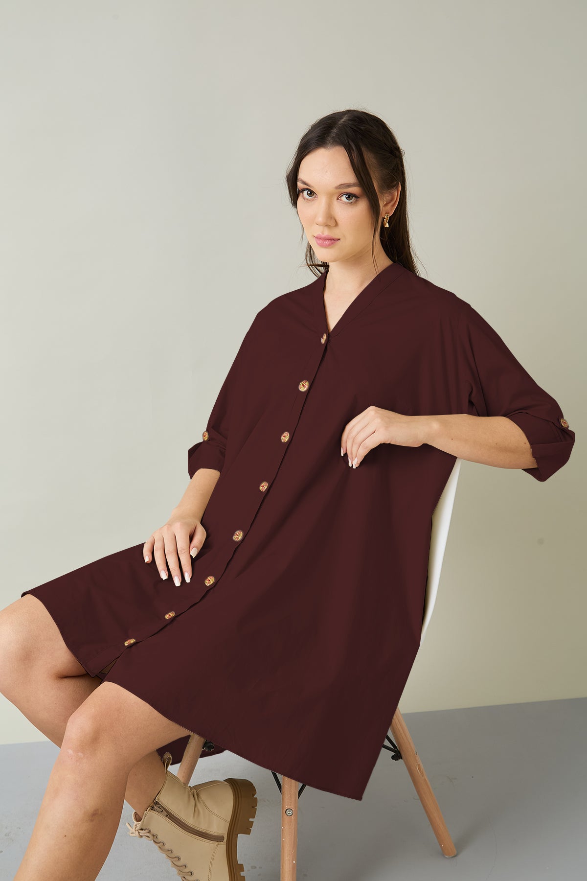 Wine Cotton Oversized Dress