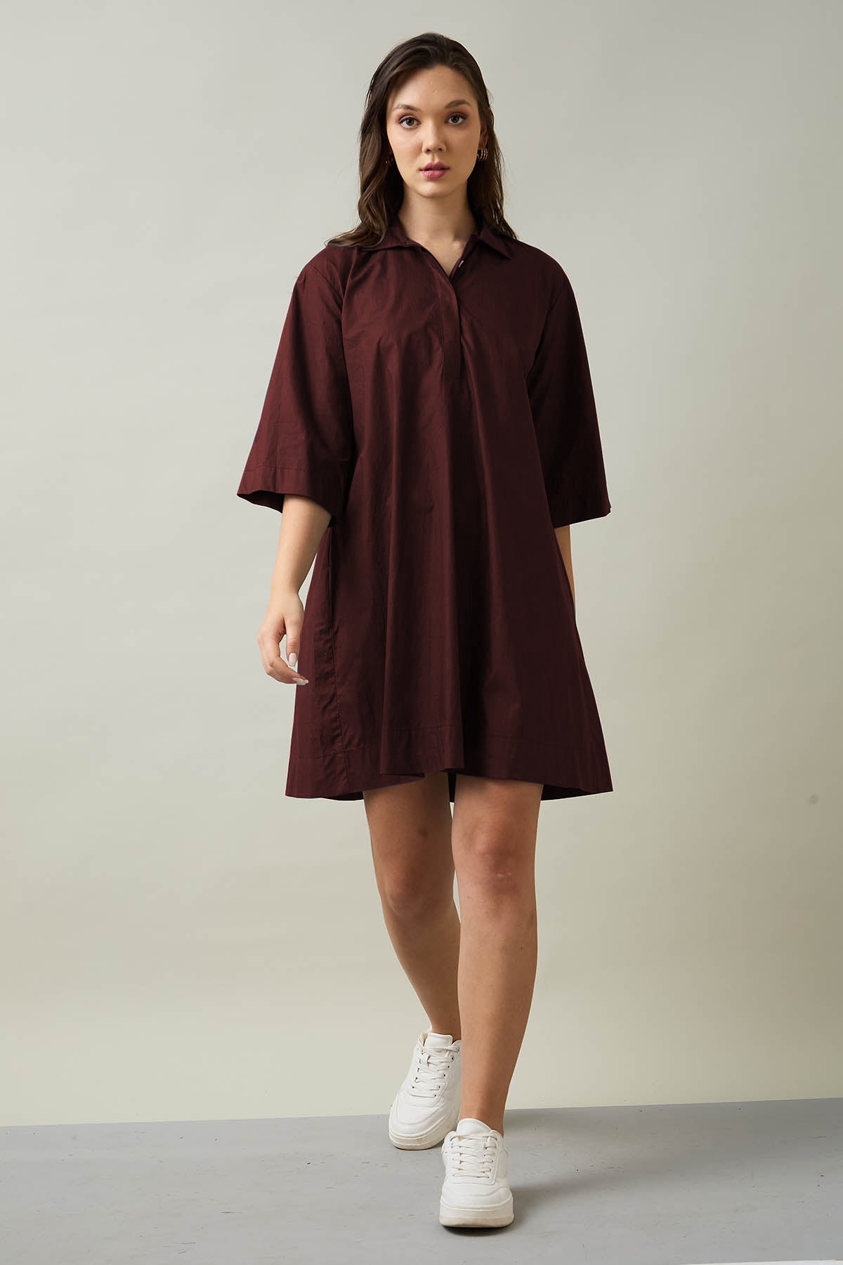 Shop Wine Cotton Poplin Flare Dress by SNEHA B