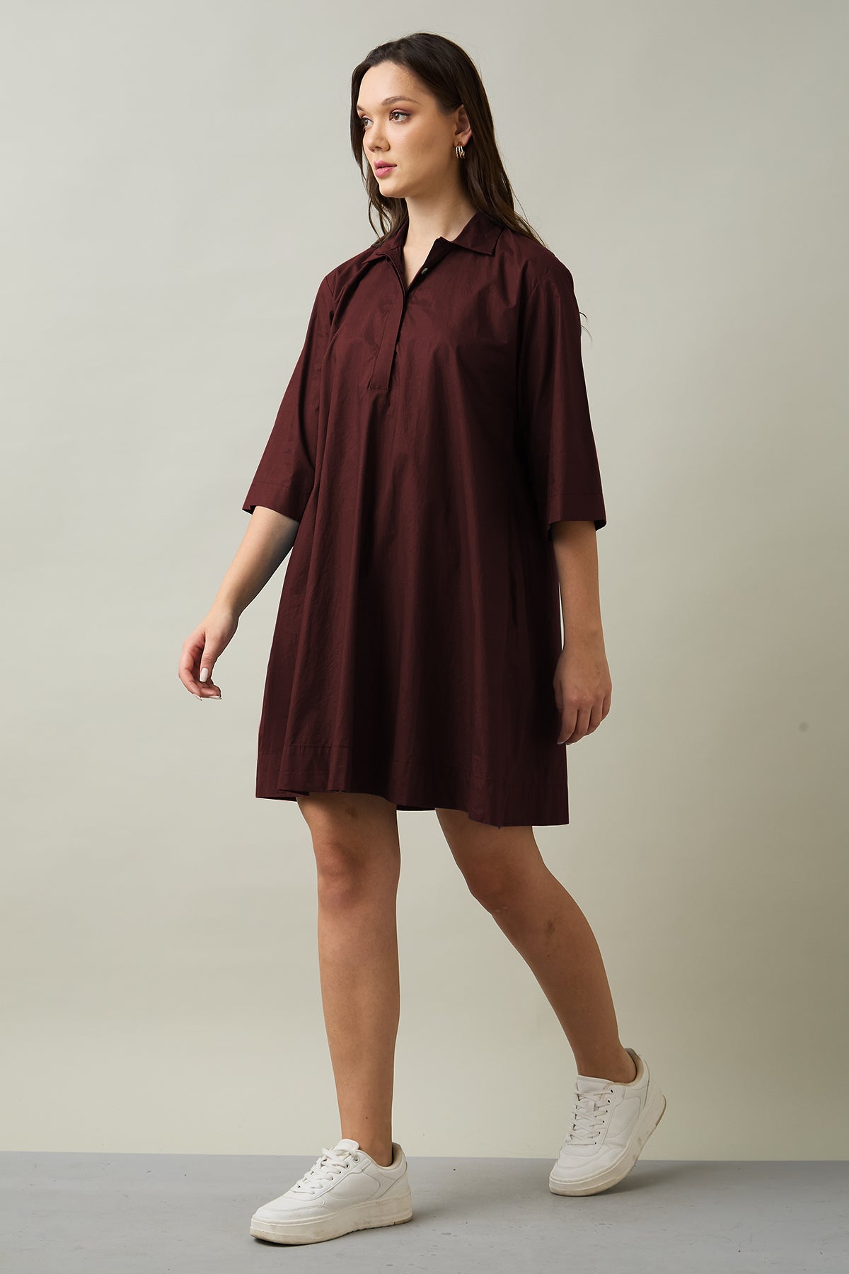 Wine Cotton Poplin Flare Dress