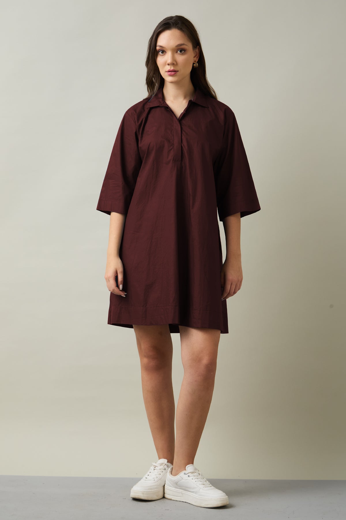 Wine Cotton Poplin Flare Dress