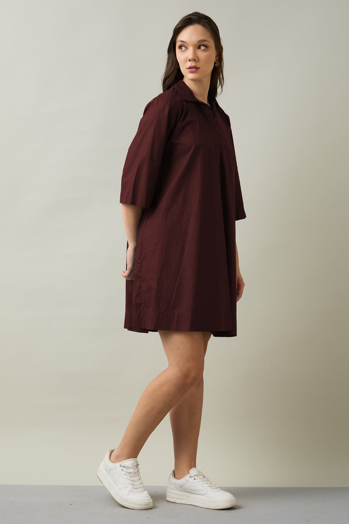Wine Cotton Poplin Flare Dress