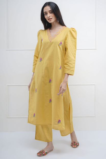 Yellow Embroidered Kurta & Pant
