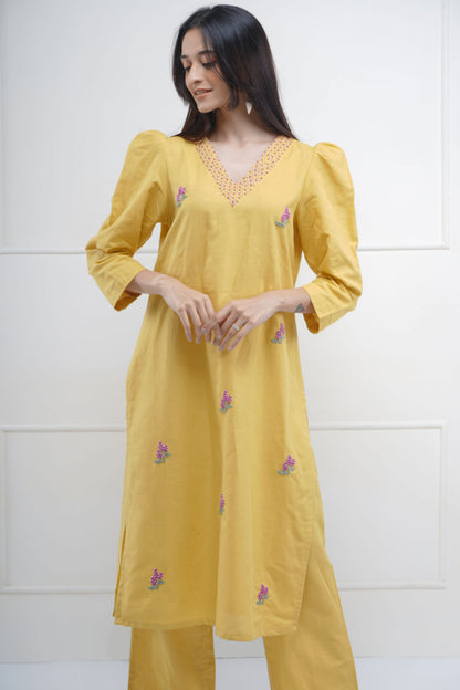 Yellow Embroidered Kurta & Pant