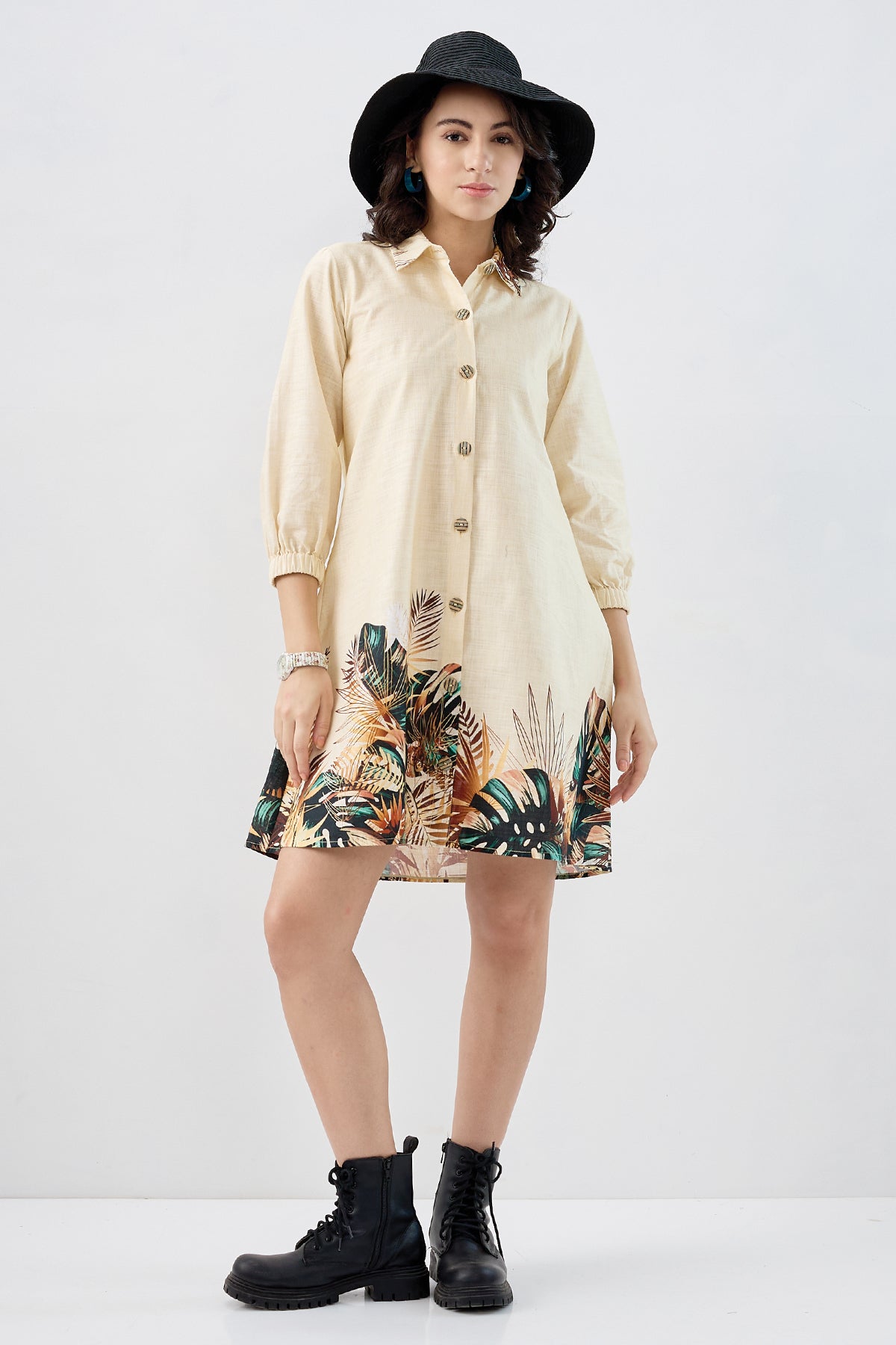Yellow Leaf Cotton Shirt Dress