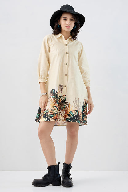 Yellow Leaf Cotton Shirt Dress