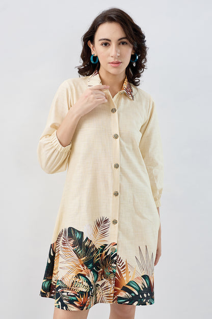Yellow Leaf Cotton Shirt Dress