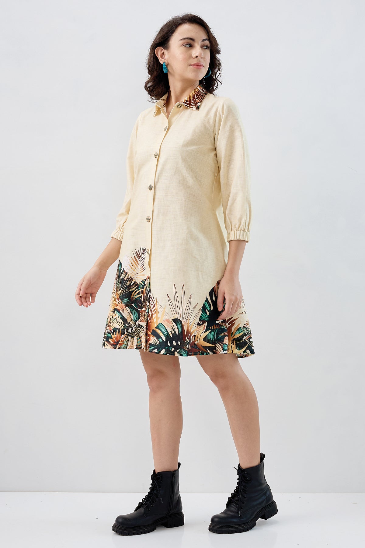 Yellow Leaf Cotton Shirt Dress