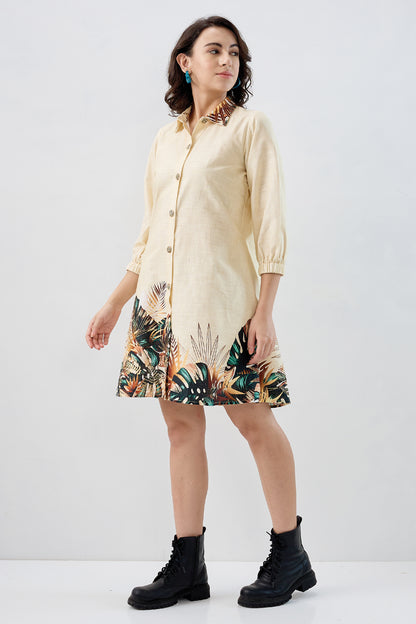 Yellow Leaf Cotton Shirt Dress