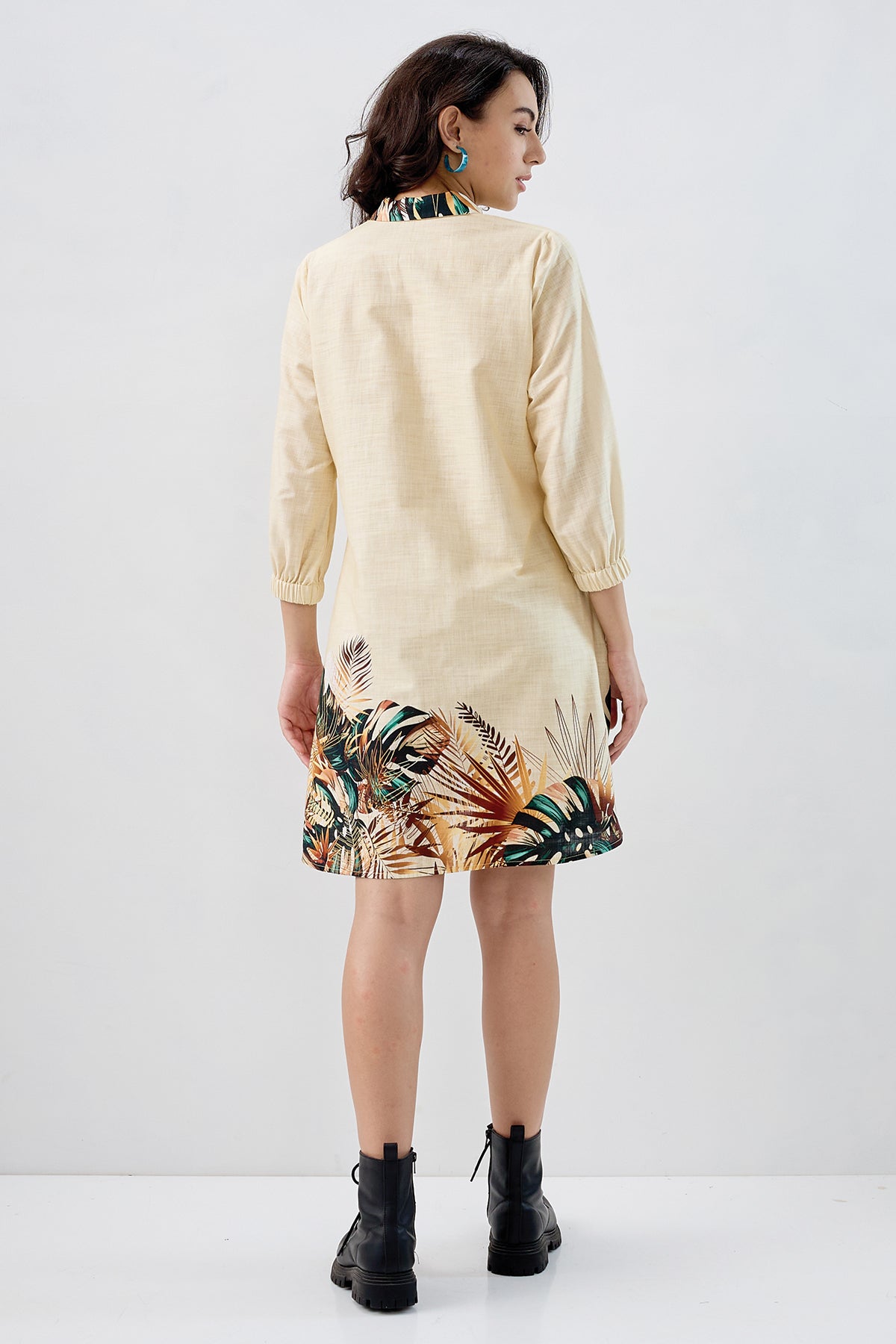 Yellow Leaf Cotton Shirt Dress