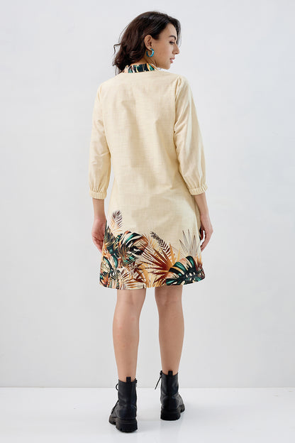 Yellow Leaf Cotton Shirt Dress