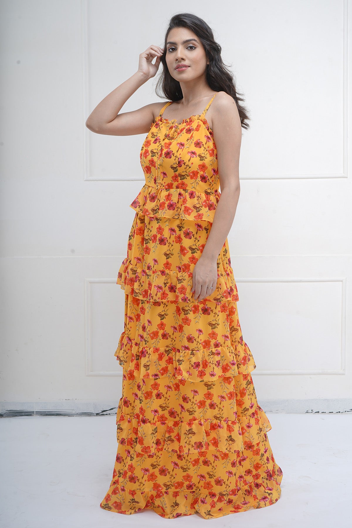 Yellow Print Tiered Maxi Dress