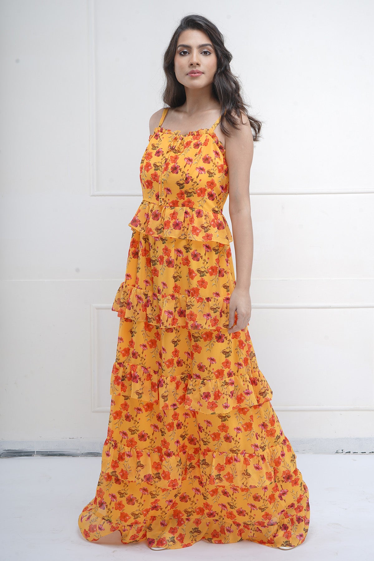 Yellow Print Tiered Maxi Dress