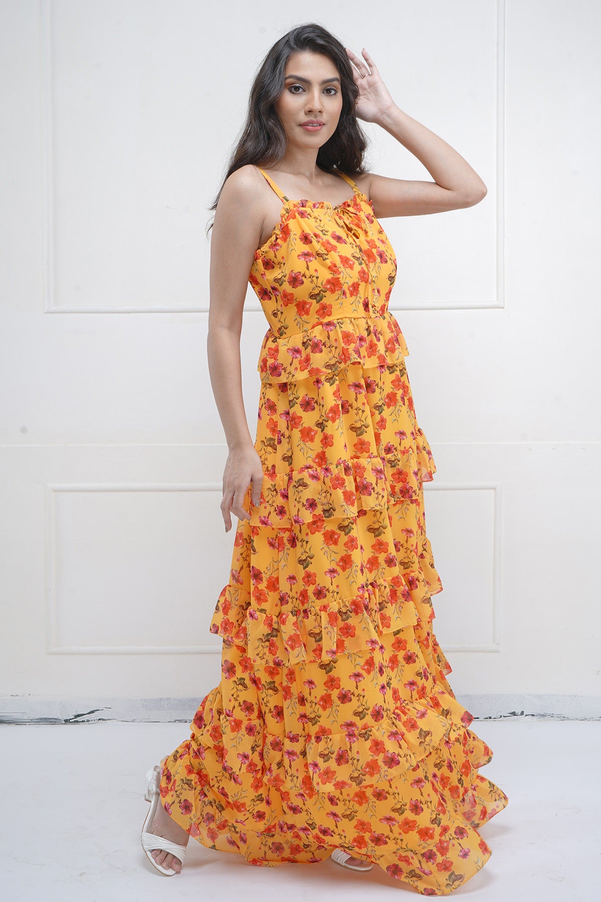 Yellow Print Tiered Maxi Dress