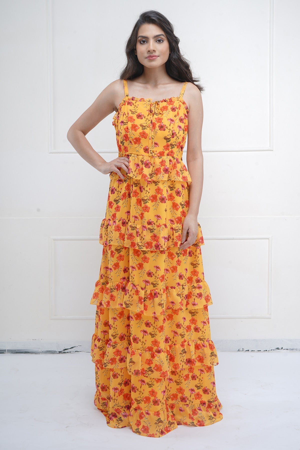 Buy Yellow Print Tiered Maxi Dress by SNEHA B