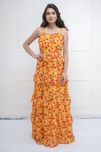 Buy Yellow Print Tiered Maxi Dress by SNEHA B