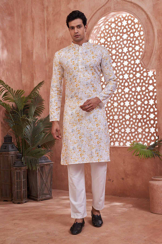 Yellow White Cotton Print Kurta