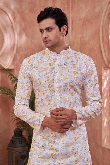 Yellow White Cotton Print Kurta