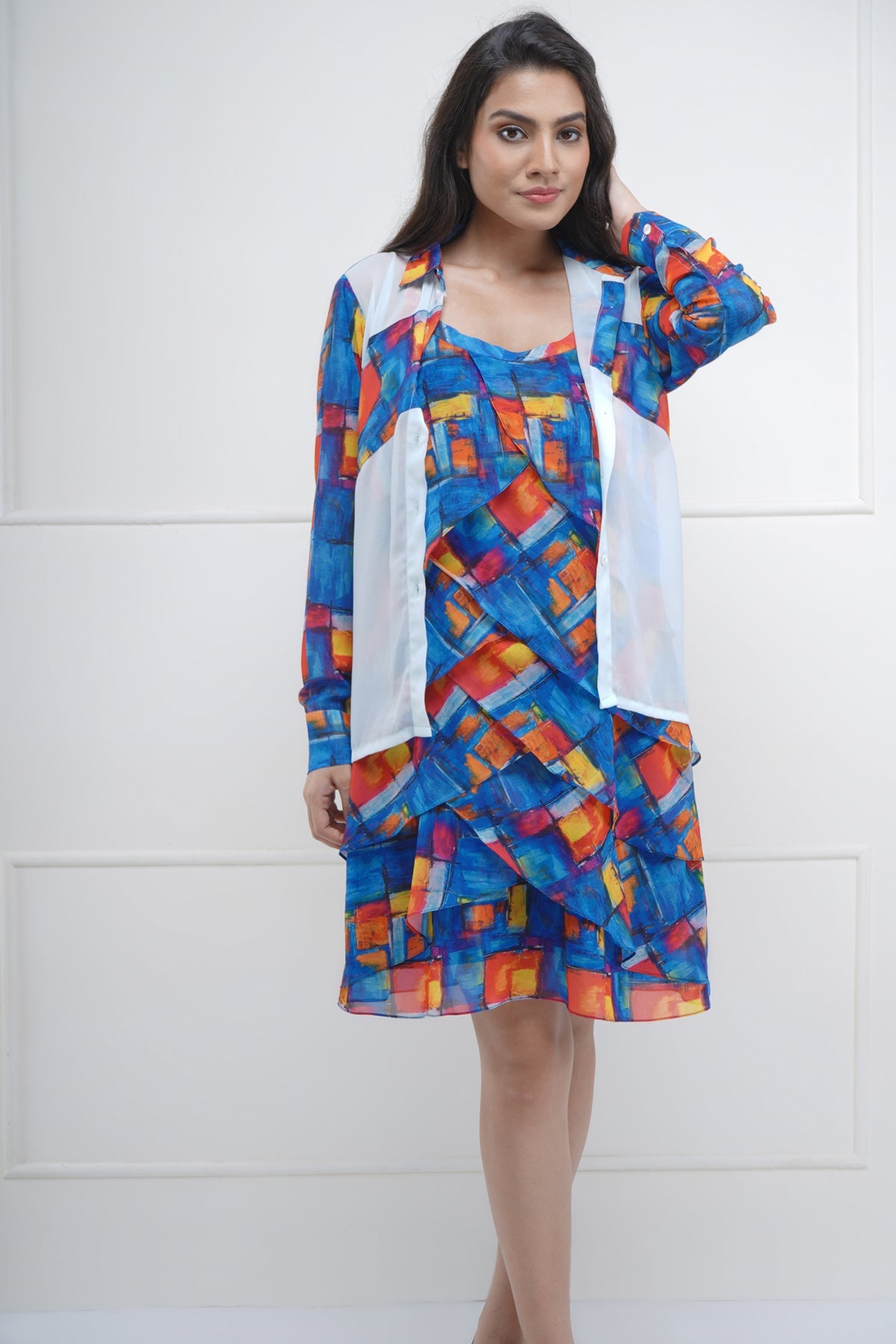 Brick Print Dress & Shirt Set