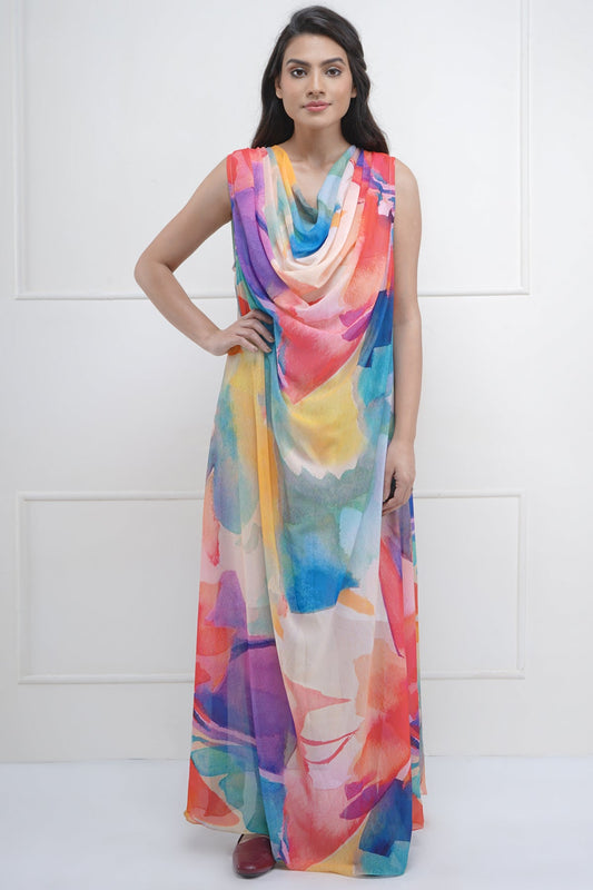 Cowl Neck Abstract Maxi Dress