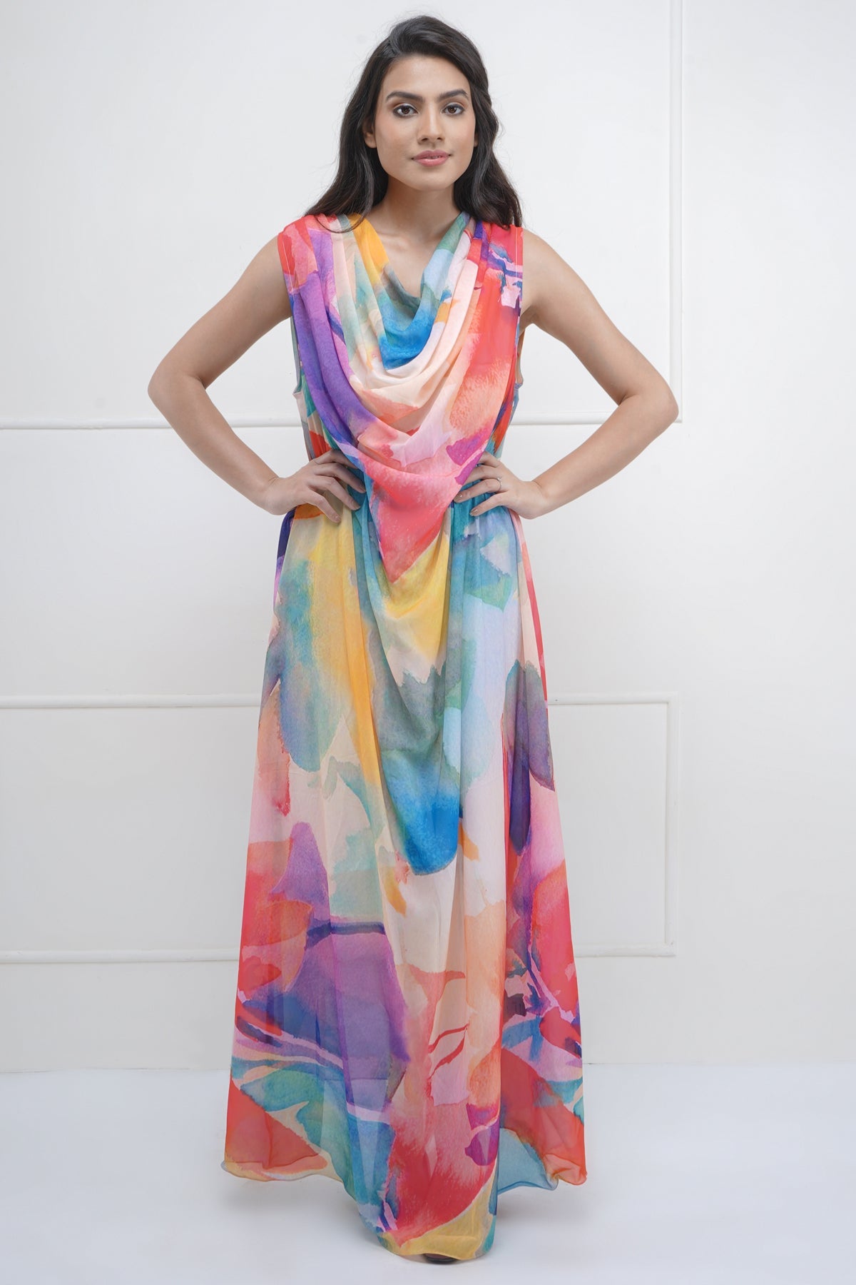 Cowl Neck Abstract Maxi Dress