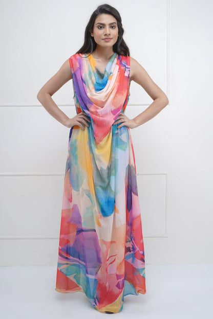 Cowl Neck Abstract Maxi Dress