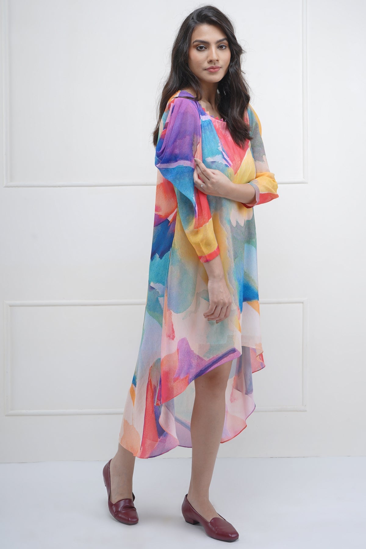 Cowl Shoulder Asymmetric Dress