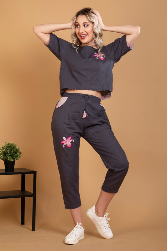 Floral Hand Embroidered Linen Pants