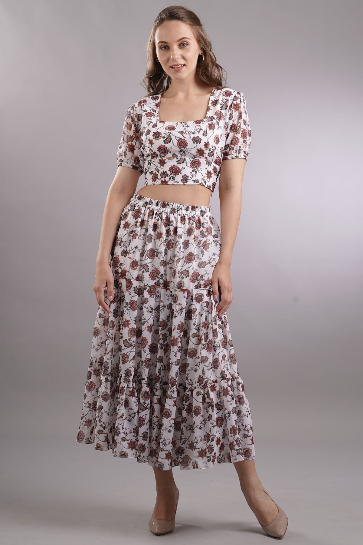 Floral Crop Top & Tiered Skirt Set