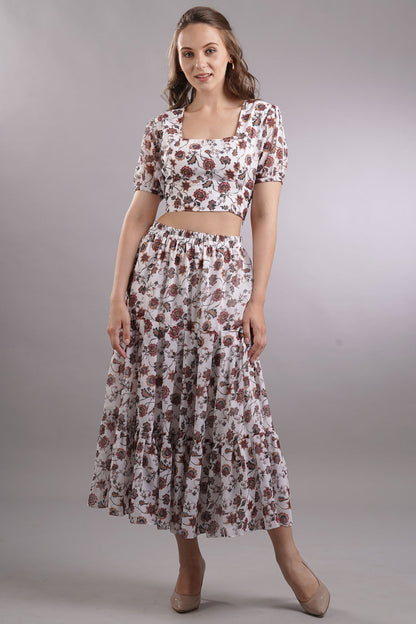 Floral Crop Top & Tiered Skirt Set