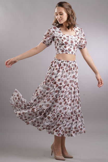 Floral Crop Top & Tiered Skirt Set